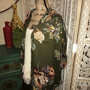 NWT UMGEE Olive Mix Floral Open Front Kimono